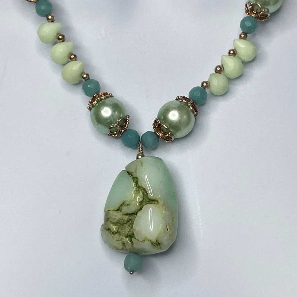 Larimar Chalcedony necklace glass pearl drop silver - Picture 2 of 5
